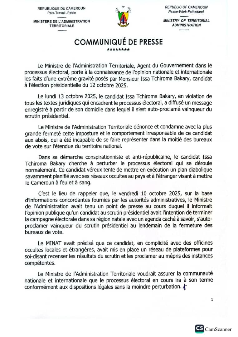 Présidentielle au Cameroun : le gouvernement dénonce une « déclaration prématurée » d’Issa Tchiroma