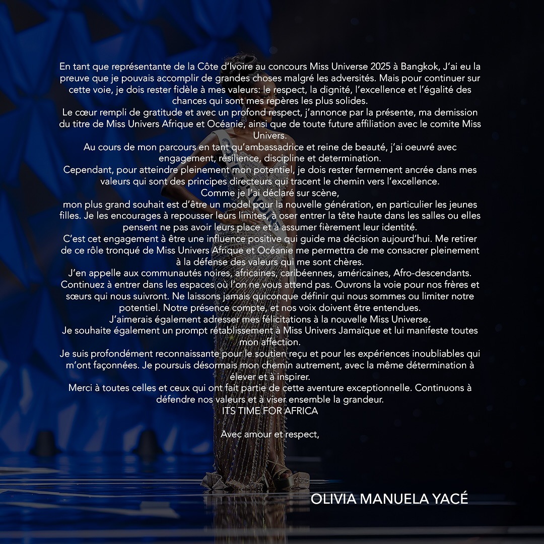 Culture : Olivia Yacé démissionne de son titre de Miss Univers Afrique et Océanie 2025