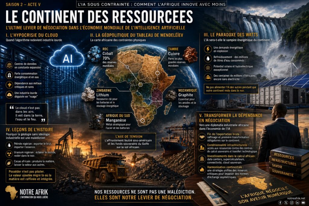 Infographie Saison 2 Acte 5 — le continent des ressources : minerais critiques et énergie, levier de négociation africain