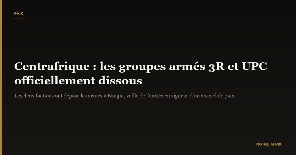 Centrafrique : les factions armées 3R et UPC déclarées dissoutes de manière officielle
