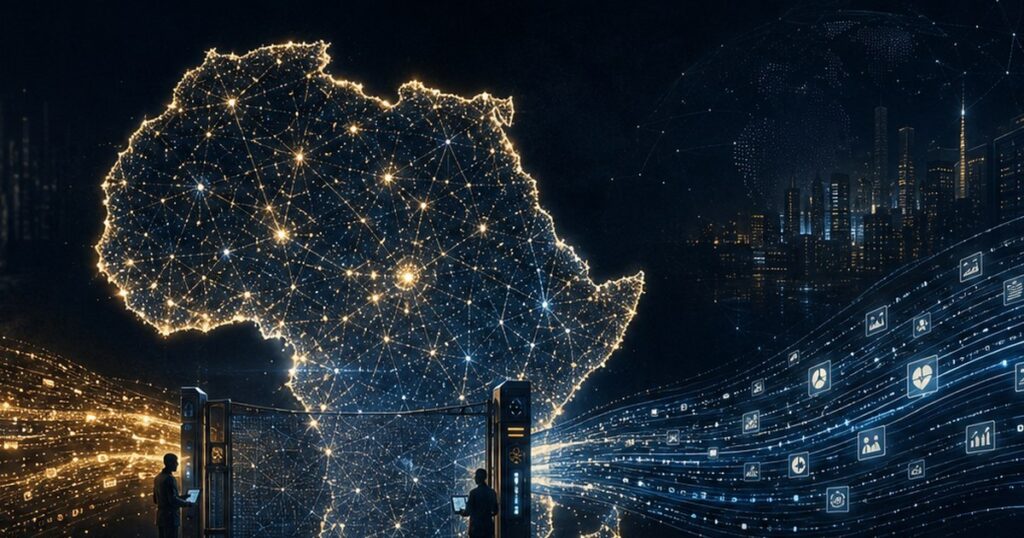 Carte de l'Afrique en reseau lumineux, illustrant la gouvernance de l'IA sur le continent