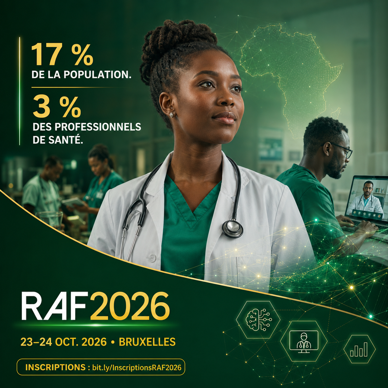 Visuel RAF 2026 : l'Afrique représente 17 % de la population mondiale et 3 % des professionnels de santé
