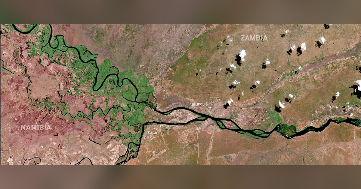 El Niño 2026 : image satellite du Zambèze près de Kazungula en mars 2024, végétation desséchée pendant l'épisode précédent